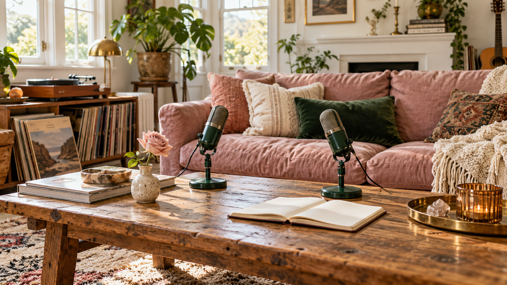 An imagined bright podcast corner with green microphones, a rose sofa and a vintage record player.